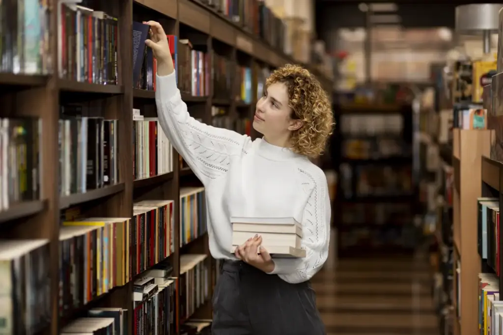 Bibliotekarka z naręczem książek sięga po tom z regału